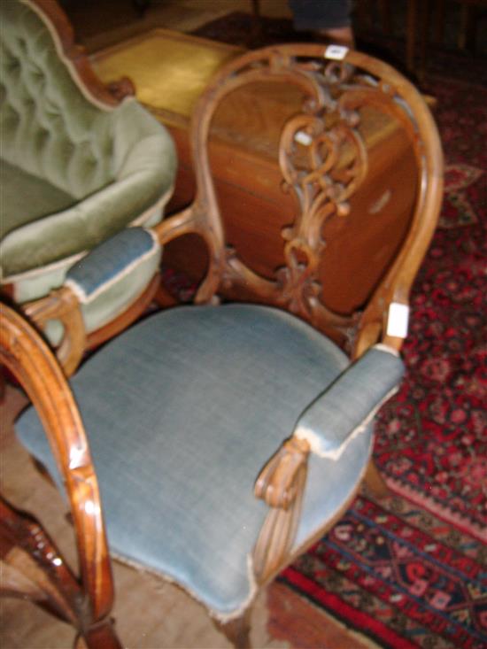 Victorian showwood open back armchair